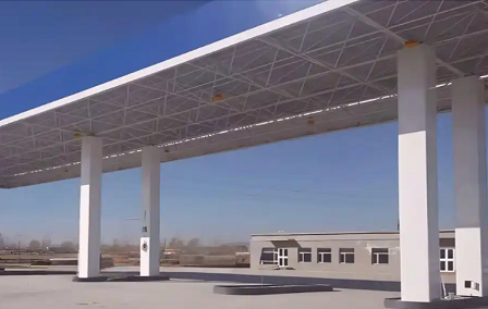 果洛钢结构加油站罩棚_螺栓球网架_挑檐_形象柱！